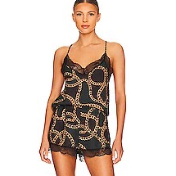 REVOLVE Plush SILKY PAJAMA Chain Link Pajama Set Black & Green - Picture 1 of 3